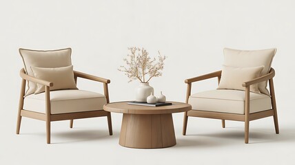 Fototapeta premium Minimalist wooden armchairs with round table and dried plant decor