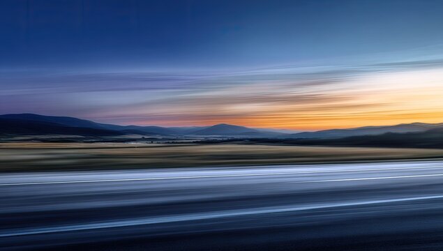 Motion blur road leading to misty mountains at sunrise