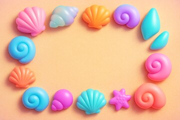 Fototapeta premium Colorful seashell and starfish shapes forming a frame on pastel background with empty space in center for text or summer-themed design template. Ai generative