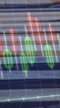 Vertical video: Multicolor waveform pulsing from frame one, aligning bars and showing data trend