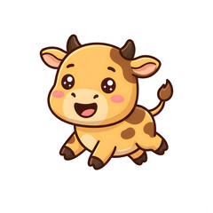 Fototapeta premium A cheerful cartoon cow with brown spots and horns smiles playfully, isolated on transparent background.