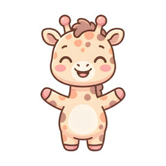 Obraz premium A cheerful cartoon giraffe with a happy face and rosy cheeks, standing with arms outstretched in a playful pose, isolated on transparent background.
