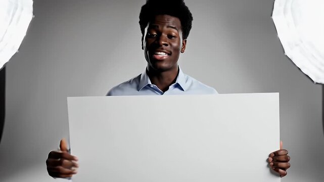 In a professional photography studio, a man holds a blank signboard between two large lights