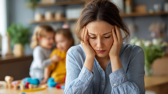 Faceless stressed parent with head in hands surrounded by scattered children's toys, crying kids in background, parenting struggle, emotional overwhelm at home concept, defocused