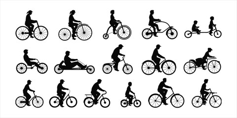 Collection of Black Silhouettes of People Riding Bicycles and Tricycles Keywords: bicycle, bike, tricycle, unicycle, tandem bike © Ariful