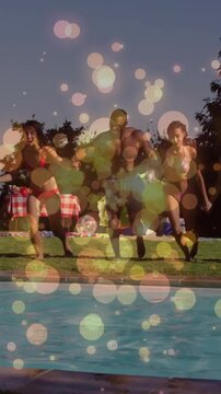 Group stepping in sync at pool, knee bending nudging jumping into pool, bokeh overlay for marketing