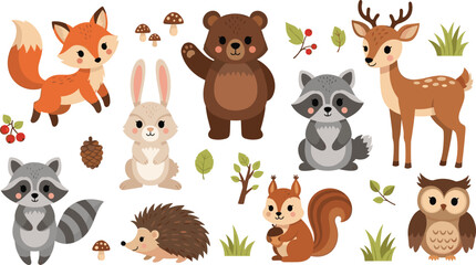 Fototapeta premium Cute Forest Woodland Animal Collection with Fox, Bear, Deer, Rabbit, Raccoon, Hedgehog, Squirrel and Owl Cartoon Nature Vector Illustration Set.