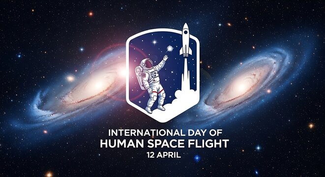 International Day of Human Space Flight with Astronaut and Rocket in Galaxy.