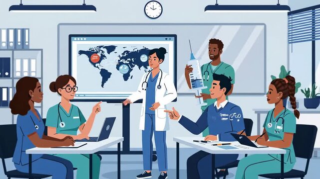 Medical team discussing global health on monitor display in meeting room with doctors and nurses collaboration and data analysis