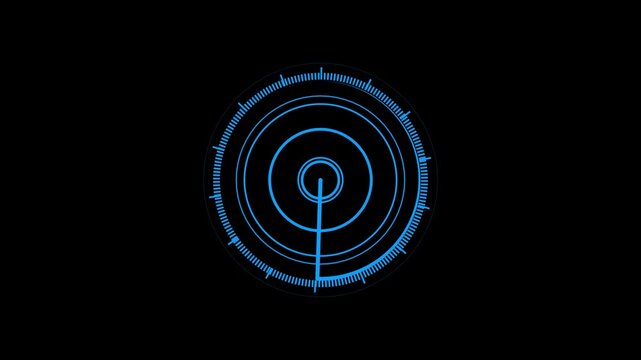 A cool blue radar screen interface with concentric circles and detailed radial lines is set against a dark black background, featuring a single sweeping indicator line for active scanning or detection