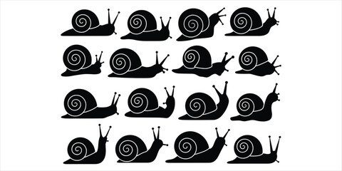 Grid of Black Snail Silhouettes in Various Poses and Directions on White Background mollusk gastropod © Ariful
