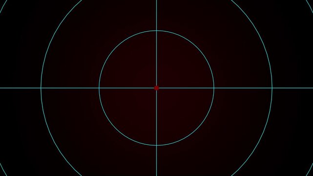 A close-up of a targeting reticle or radar display a bright red central dot within concentric light blue circles and intersecting light blue crosshairs against a dark red to black gradient background