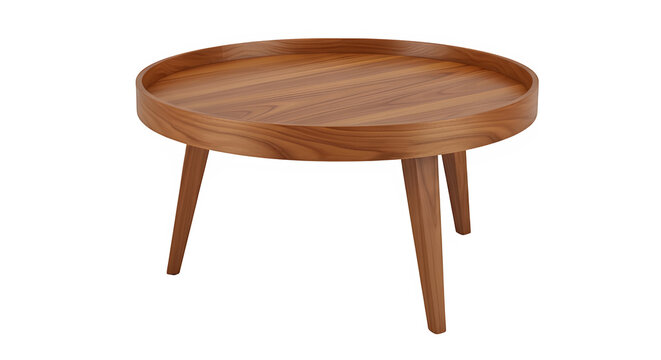 Round wooden coffee table isolated PNG on transparent background, mid-century modern furniture for living room interior design.