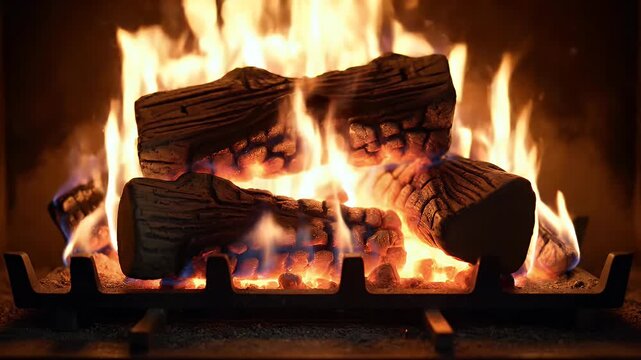 A roaring fire burns with glowing embers and dancing flames around stacked logs