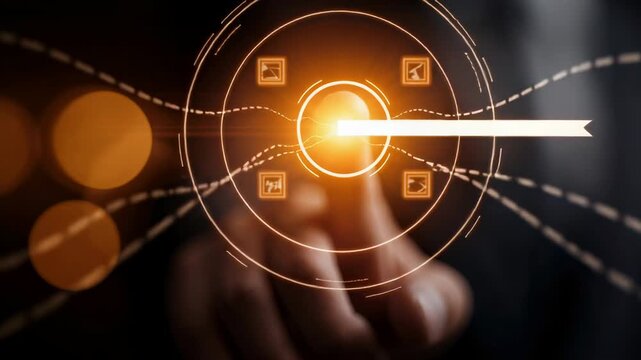 Hand presses glowing circular interface. Warm glow illuminates digital targeting grid. Businessman's focus signals precision and control. Ideal for tech, data, or strategic decision themes