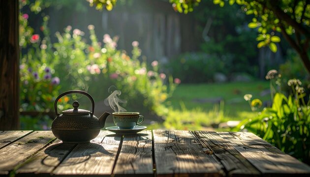 A steaming teapot and cup rest on a rustic table in sunlight, symbolizing tranquility, nourishment, and the quiet harmony of nature and mindful reflection.