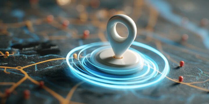 Tracking dot map interface location marker with glowing ripple indicating position and network connectivity pulse