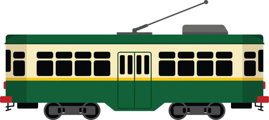 Classic vintage green and cream electric tram car showing side view of an old urban public transportation city streetcar for retro daily commuter passenger travel. © VectaNoor