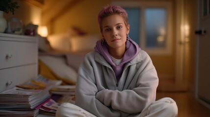 Obraz premium Rebellious teen with dyed hair sitting on bedroom floor surrounded by college brochures while parents stand in doorway with crossed arms, perfect for family conflict, education decisions, and