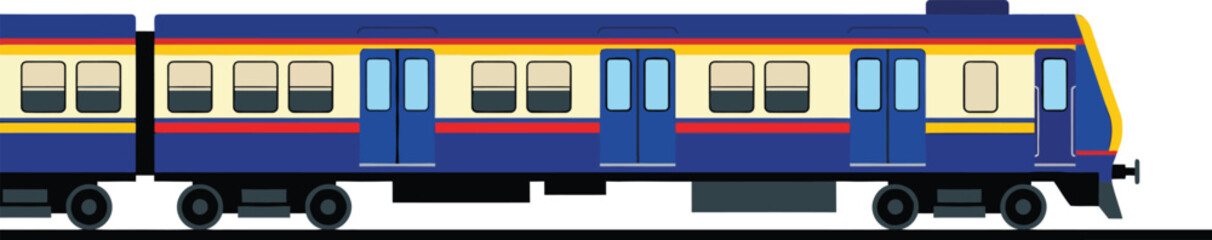 Modern public transportation commuter passenger train carriage in dark blue yellow and red colors for rapid city transit and daily urban railway travel services.