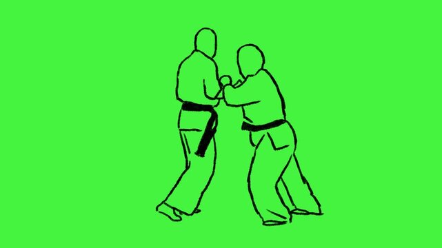 rotoscope animation of karate match duel in scribble sketch raw line drawing doodle style on green screen