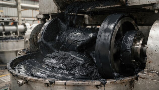 Medium shot footage of internal mixers blending carbon black into synthetic rubber for highload compounding showing intensive filler dispersion and thickening rubber texture.