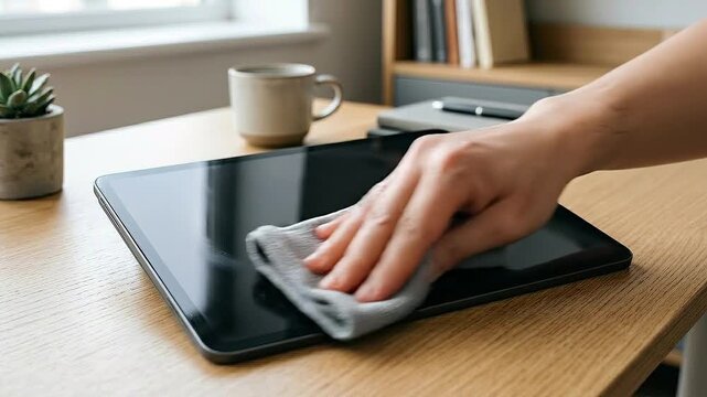 Refurbished electronics tablet cleaning wipe hand microfiber cloth screen wipe wooden desk with coffee mug and succulent bright cozy home office