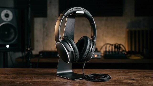 Refurbished electronics over ear headphone stand studio monitor with coiled cable creating warm focused moody atmosphere and professional audio vibe