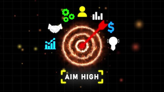 Business concept with target and icons representing aiming high and goals arrow bullseye