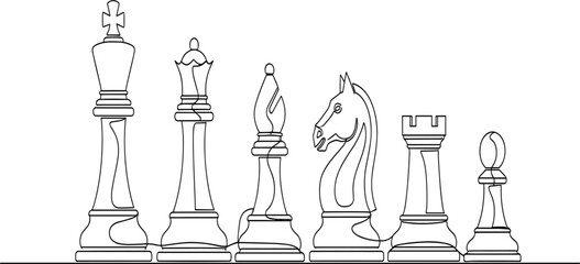 Chess Piece Line Art Illustration with King Queen Bishop Knight Rook and Pawn Strategy Board Game Outline Vector for Competition and Intelligence Concept © Selim Studio