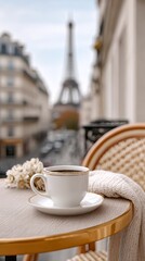 Fototapeta premium Coffee cup on a round table with a white saucer, Parisian street view featuring the Eiffel Tower in the background, soft focus on the foreground elements