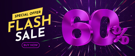 Modern Flash Sale 60 Discount Banner with a vibrant purple design and dynamic glowing background. Vector illustration.
