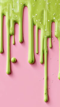 Green drip paint pink background, abstract splash art with glossy melted texture and vivid sprinkle