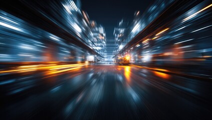 Fototapeta premium Abstract futuristic cityscape with motion blur, glowing lights, and reflections