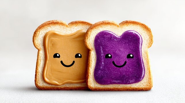 Cartoon-style smiling slices of bread with peanut butter and grape jelly spread, placed side by side on a light-colored background, showcasing playful food art