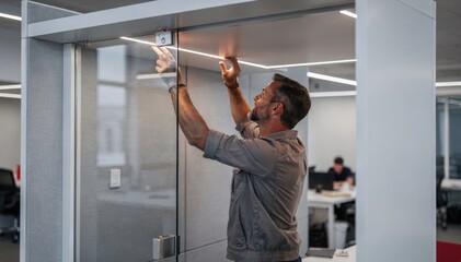 Focused shot of a technician setting up internal LED lighting inside a modular booth at an office with the workspace outside the booth rendered softly out of focus.