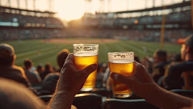 Toasted beer glasses raised in front of sunlit baseball stadium