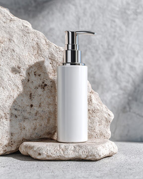 Minimal white cosmetic pump bottle mockup on natural stone podium, luxury skincare product packaging