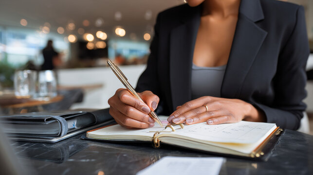 Close-up Of A Businesswoman Making Agenda On Personal Organizer At Workplace
