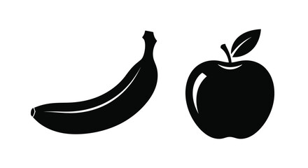 Black and white illustration depicting a banana and an apple © Tm Studio