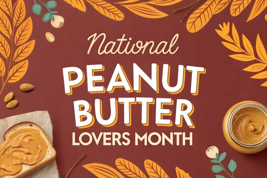 This charming, warm illustration joyfully celebrates national peanut butter lovers month, featuring a delightful jar of creamy peanut butter alongside a perfectly toasted bread slice generously covere