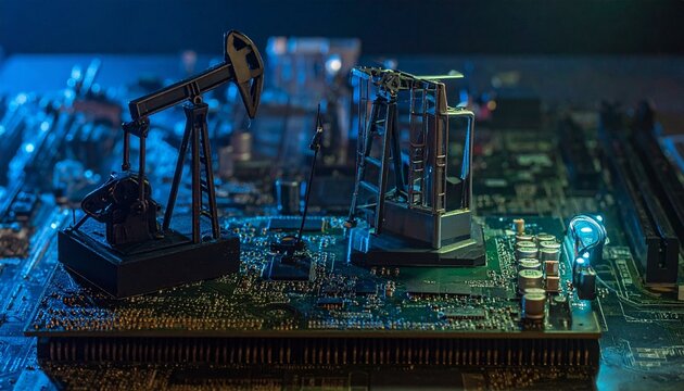 Miniature oil pumpjack on computer motherboard under blue lighting, symbolizing energy industry, technology, and digital transformation.