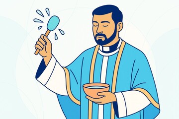 Priest performing holy water blessing ritual in traditional robes on light abstract background, illustrating religious culture and spiritual ceremony. Ai generative