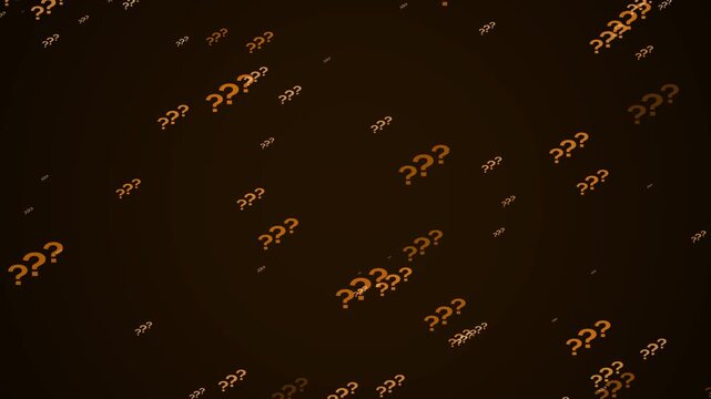 Numerous small orange question marks of varying opacity and size are distributed across a dark brown background with a subtle gradient, evoking a feeling of curiosity and the unknown