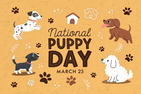 This delightful, warm-toned cartoon illustration celebrates national puppy day on march 23rd, showcasing four distinctively cute puppies, including a playful spotted dalmatian, a happy brown dog, a ch
