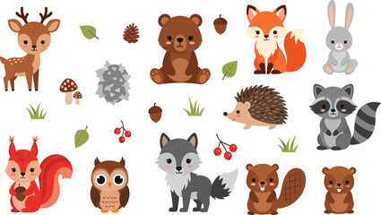 Fototapeta premium Cute Forest Animals Vector Illustration Set Featuring Deer, Bear, Fox, Rabbit, Hedgehog, Raccoon, Squirrel, Owl, Wolf, Beaver, and Woodland Elements.