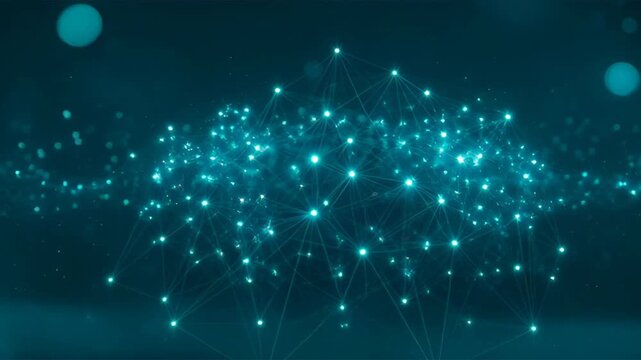 Abstract data network nodes connecting with glowing blue lights in a dark digital space cinematic wide shot