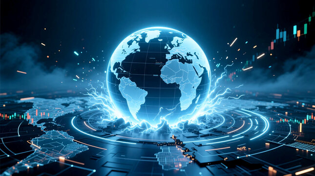 Global economy sphere with an economic shockwave showing the digital economic war impact on worldwide financial networks and market instability signaling global recession risk