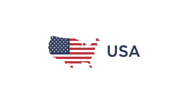 Stylized map outline of the United States filled with the American flag pattern is positioned beside the bold text USA against a white backdrop.