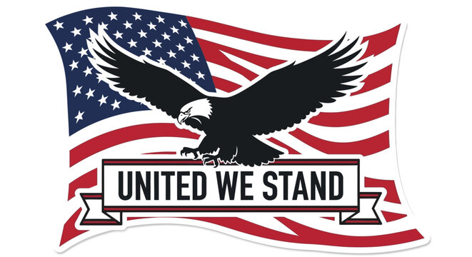Stylized bald eagle spreads its wings over a waving American flag banner featuring a central ribbon with the phrase united we stand.